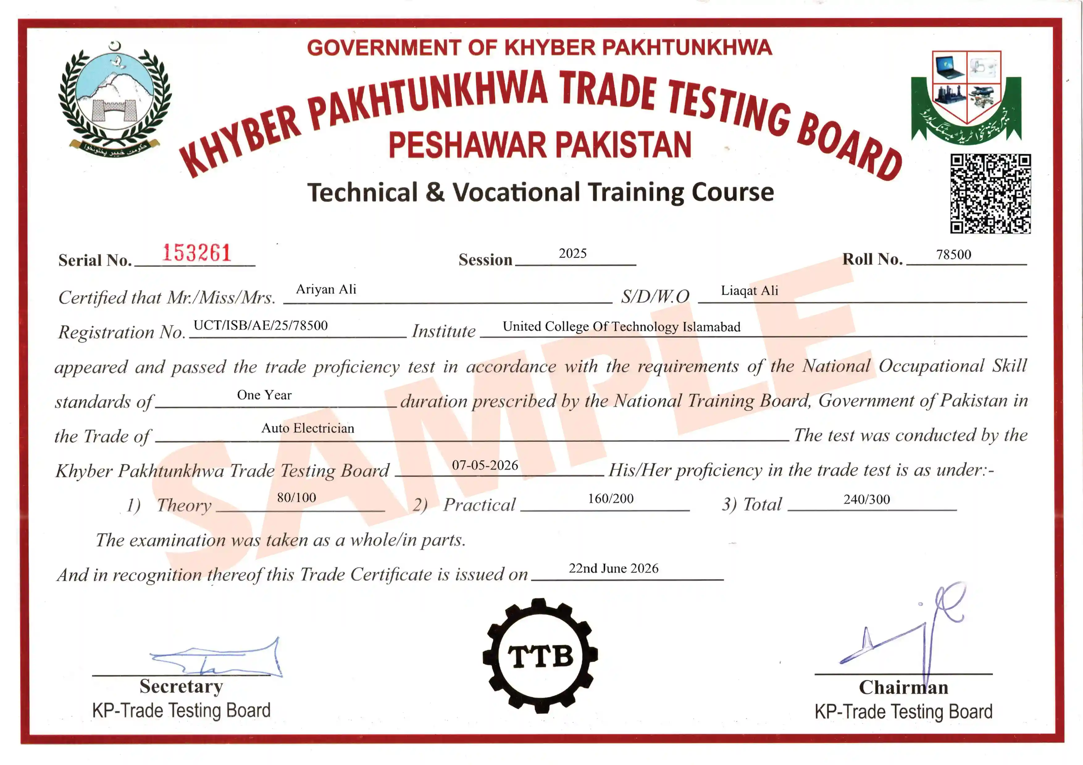 United College of Technology Auto Electrician Certificates